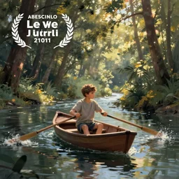 boy rowing a boat in a river through the forest, digital art style, illustration painting