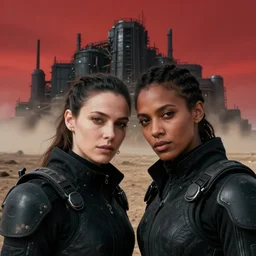 cinestill 5 0 d photographic portrait of two loving clones, women wearing rugged black techwear on a desolate plain with a red sky, extreme closeup, diverse species, cyberpunk, in front of a brutalist dark metal facility, dust storm, 3 5 mm, 8 k, f / 3 2, high resolution, ultra realistic faces, beautiful