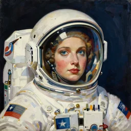 beautiful oil painting of an astronait woman wearing helmet, by vargas, mucha, manara, wlop, rutkowski