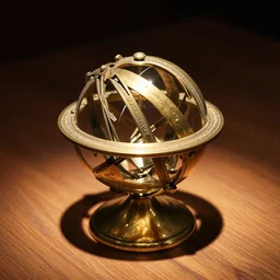 a dramatically lit photo of an ancient, powerful brass and gold artifact round ball spherical astrolabe liahona artifact sitting on a wooden table. the intricate, metal lace, detailed ball is covered in dials and ancient egyptian markings, glowing powerfully with a yellow light from within