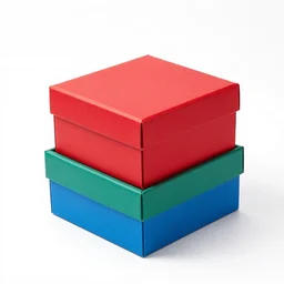 red box on a blue box under a green box on a white background, studio