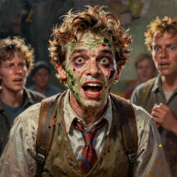 realistic portrait beautiful painting from scene on American Pie film when Steve Stifler mutate into greedy zombie. Horror, created by Thomas Kinkade.