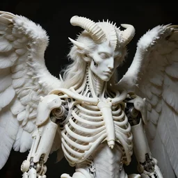 closeup portrait of white ribbed angel covered with ribs white mechanical spines white muscle tissue ribbed spiky horns, lucid dream - like heavy atmosphere, baroque painting, harsh flash photo, perfect composition, detailed octane render trending on artstation, 8 k artistic photography, volumetric cinematic perfect light, chiaroscuro, masterpiece, raphael, caravaggio, beksinski, rutkowski, beeple