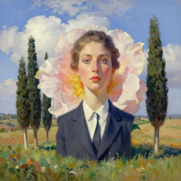 giant flower head, woman in suit in toscana, italy, trees, clouds in sky, surreal, impressionist painting, digital painting, artstation, rob gonsalves