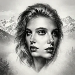 tattoo design sketch of an extremely beautiful woman face with a background of beautiful mountains on her side, hyper - realistic, double exposure effect, in the style of den yakovlev, amazing detail, black and white, faded