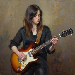 Anna Calvi playing electric guitar, oil painting by Scott Burdick