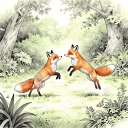 foxes playing jumping in tranquillity garden ink drawing by james jean very fine linework