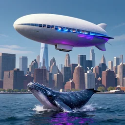 stock photograph of cyberpunk New York zeppelin over Hudson sightseeing whale