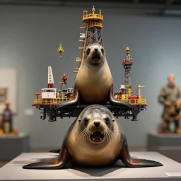 portrait of a toxic oil rig mounted on the head of a anguished south american fur seal, by martine johanna, hikari shimoda, john chamberlain, ambient lighting, highly detailed, diorama model, zoom out, sharp focus