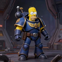 Homer Simpson as a Warhammer 40k Space Marine, on a grim dark space station, photorealistic