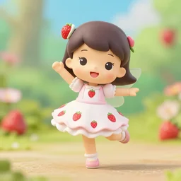 a wholesome femo figurine of a cute funny strawberry fairy with freckles wearing a frilly floral strawberry dress featured on yotsuba by studio ghibly and disney, pastels, wide angle, dynamic dancing pose, 🎀 🍓 🧚