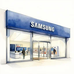 a watercolor ink painting by jean giraud moebius of a flagship samsung store, black walls. timber floor. low ceilings with spots. curved furniture, with large digital screen. display tables with phones and tablets, pots with plants, large digital screens on the walls. high resolution