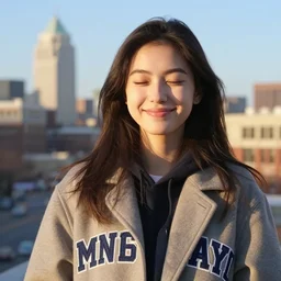 a beautiful girl from minnesota, brunette, joyfully smiling at the camera with her eyes closed. thin face. wearing university of minneapolis coat. perfect nose, morning hour, plane light, portrait, minneapolis as background.