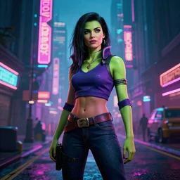 cyberpunk she hulk standing on a cyberpunk street with neon lights, cyberpunk 2 0 7 7