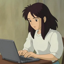 guy with long black hair using a laptop, tan skin, looking down, art by hayao miyazaki, studio ghibli film