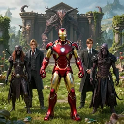 portrait of marvels ironman at court by hr giger, greg rutkowski, luis royo and wayne barlowe as a diablo, resident evil, dark souls, bloodborne monster, courtroom, elden ring creature : : in a garden, grassy field, large field in the background