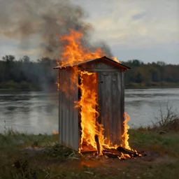 an outhouse burning by the river by thomas kincade
