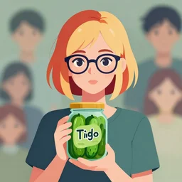 a girl with short red and blond hair and dark rim glasses, proudly holding a fido jar filled with green pickles, looking at the camera, clean cel shaded vector art. shutterstock. behance hd by lois van baarle, artgerm, helen huang, by makoto shinkai and ilya kuvshinov, rossdraws, illustration