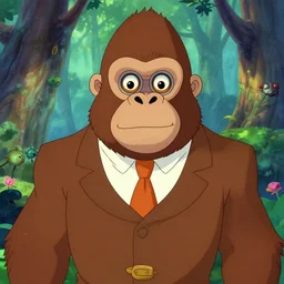 don bluth, loish, artgerm, joshua middleton, steampunk, clockpunk anthropomorphic gorilla, brown suit, smiling, symmetrical eyes symmetrical face, colorful animation forest background