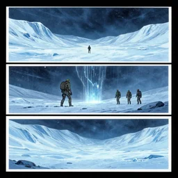 no border 3 panel graphic novel layout angles frozen tundra cryogenic tears hyperspace loneliness futuristic small unit tactics behind enemy lines littoral combat photorealistic graphic novel layout by michael komarck, greg rutkowski, victo ngai, artgerm, willem claesz heda and j. dickenson roger deakins john seale syd mead