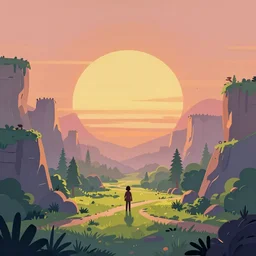 point and click adventure game background fantasy digital painting by greg rutkowski in sunset