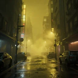 wet cyberpunk streets at night with thick yellow smog, concept art by Greg Rutkowski, hyperdetailed, hyperrealistic, cinematic lights, octane render, trending on artstation, artstationHD, artstationHQ, unreal engine, 8k