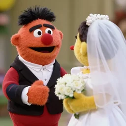 a still bert and ernie from sesame st getting married. getting married. close up. shallow depth of field.