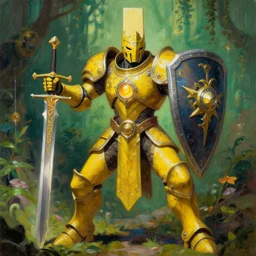 full body, attack position abstract Wayne Barlowe painting in lush fantasy environment of a ornate holy mechanical warforged with circular glowing eye, character in yellow armor holding a legendary paladin engraved holy great longsword and carrying a huge heavy paladin shield, vertically flat head, face in focus, epic , trending on ArtStation, masterpiece,  cinematic lighting