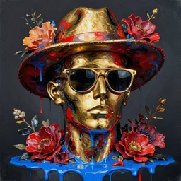 a head made out of melting metal, it is of golden and red and black colors, it is wearing sunglasses and a hat, there are flowers all around it, blue paint melting, vogue cover style, demonic style, acrylic pour style