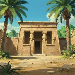 a film still Nordeste Brasileiro, ancient egypt lush palm trees temple limestone desert courtyard, studio Ghibli, Pixar and Disney animation, sharp, Rendered in Unreal Engine 5, anime key art by Greg Rutkowski, Bloom, dramatic lighting