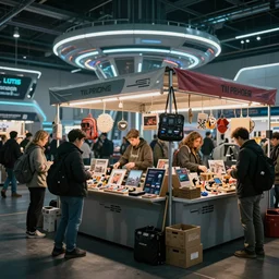 a photograph of a market stall at a futuristic trade show in 2 0 5 5, cinematic, dslr