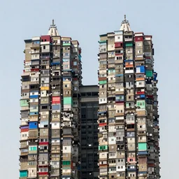 intertwined high towers with colourful stacked makeshift squatters, uniform plain sky, mamiya, very sharp, very detailed, photographed by cristina de middel