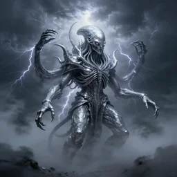 concept art of a silver mercury eldritch cthulhu emerging from a foggy thunder storm, illuminated lightning strikes!!!, lovecraftian, by daytoner daniel hahn, hr giger, jeremy mann, highly detailed, dramatic lighting, octane render, c 4 d, artstation, hd, clear, sharp, ominous, misty, volumetric fog, unsettling, 8 k