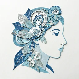colorful silhouette in shape of woman face, goddess of greek mythology, orthodox saint, amalgamation of leaves and flowers. balenciaga, intricate complexity. matte paper, cut paper texture. by Jeffrey Catherine Jones, James jean, Miho Hirano, Hayao Miyazaki, coarse gritby. Full of light-blue and silver and white layers. Exquisite detail 8K