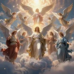the celestial cohort in all its glory, the angels, archangels, cherubims, thrones, dominions, seraphims, holy lighting, epic clouds, heaven, amazing,