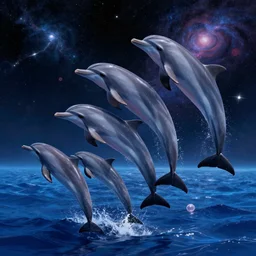a group of cosmic dolphins jumping out of a cosmic ocean in space