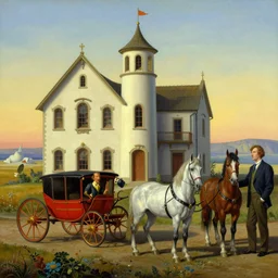 greg rutkowski and thomas kinkade, salvador dali, michael sowa, horse and carriage house