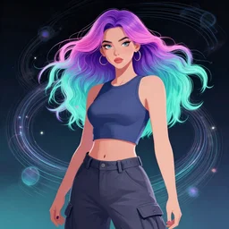 a award winning half body portrait of a beautiful woman in a croptop and cargo pants with ombre purple pink teal hairstyle surrounded by whirling illuminated lines, outrun, vaporware, shaded flat illustration, digital art, trending on artstation, highly detailed, fine detail, intricate