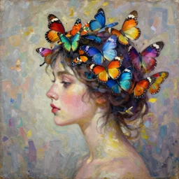 A beautiful side portrait painting of a woman. Colorful butterflies emerge from her hair, covering almost all of her head. Art by Sandra Chevrier, trending on Artstation, impressionist, oil on canvas.