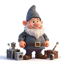 confident gnome inventor with gadgets, stylized pixar-style 3d render, full body, standing, isolated on a pure white background, centered, whole figure in frame, sharp focus, studio lighting
