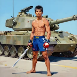 greg manchess side portrait of a filipino mma sword fighter standing in front of a tank, organic painting, sunny day, matte painting, bold shapes, hard edges, street art, trending on artstation, by huang guangjian, gil elvgren, ruan jia, randy vargas, greg rutkowski