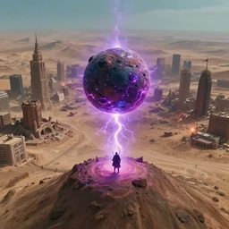 cinematic still, epic desolate apocalyptic city wasteland with a hillock in the foreground containing a magical wizard summoning a spirit orb the size of a small asteroid, electrical sparks, vivid colors, aerial