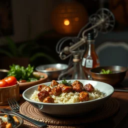 close - up focused dslr photograph of an nigerian dinner, 8 k, high detail, volumetric lighting, hyperrealism, aesthetically pleasing, studio lighting, trending