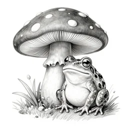 cottagecore frog on a mushroom black and white pencil drawing on a white background
