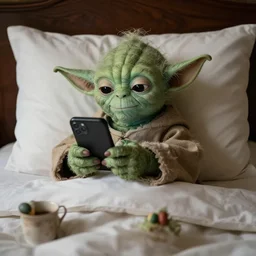 Yoda in bed scrolling on his phone