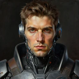 a close up portrait of a male futuristic techno warrior, symmetrical, highly detailed, digital painting, by gustave dore, ken kelly, frazetta