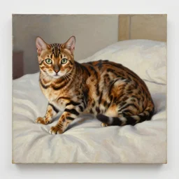 museum painting, medium - shot, bengal cat on the bed, oil painting, matte painting, masterpiece, alicia rius, artgerm, perov, rembrandt