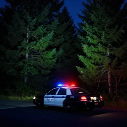 a police car with the lights on, very dark night in the countryside, surrounded by green pine trees, oregon
