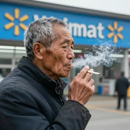 my chinese uncle smoking a cigarette at the Walmart