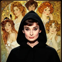 head and shoulders portrait of an assassin in a black hooded cloak portrayed by audrey hepburn from roman holiday, d & d, fantasy,! dream head and shoulders portrait of an assassin in a black hooded cloak portrayed by young sarah michelle gellar, d & d, fantasy, luis royo, magali villeneuve, donato giancola, wlop, krenz cushart, hans zatka, klimt, alphonse mucha